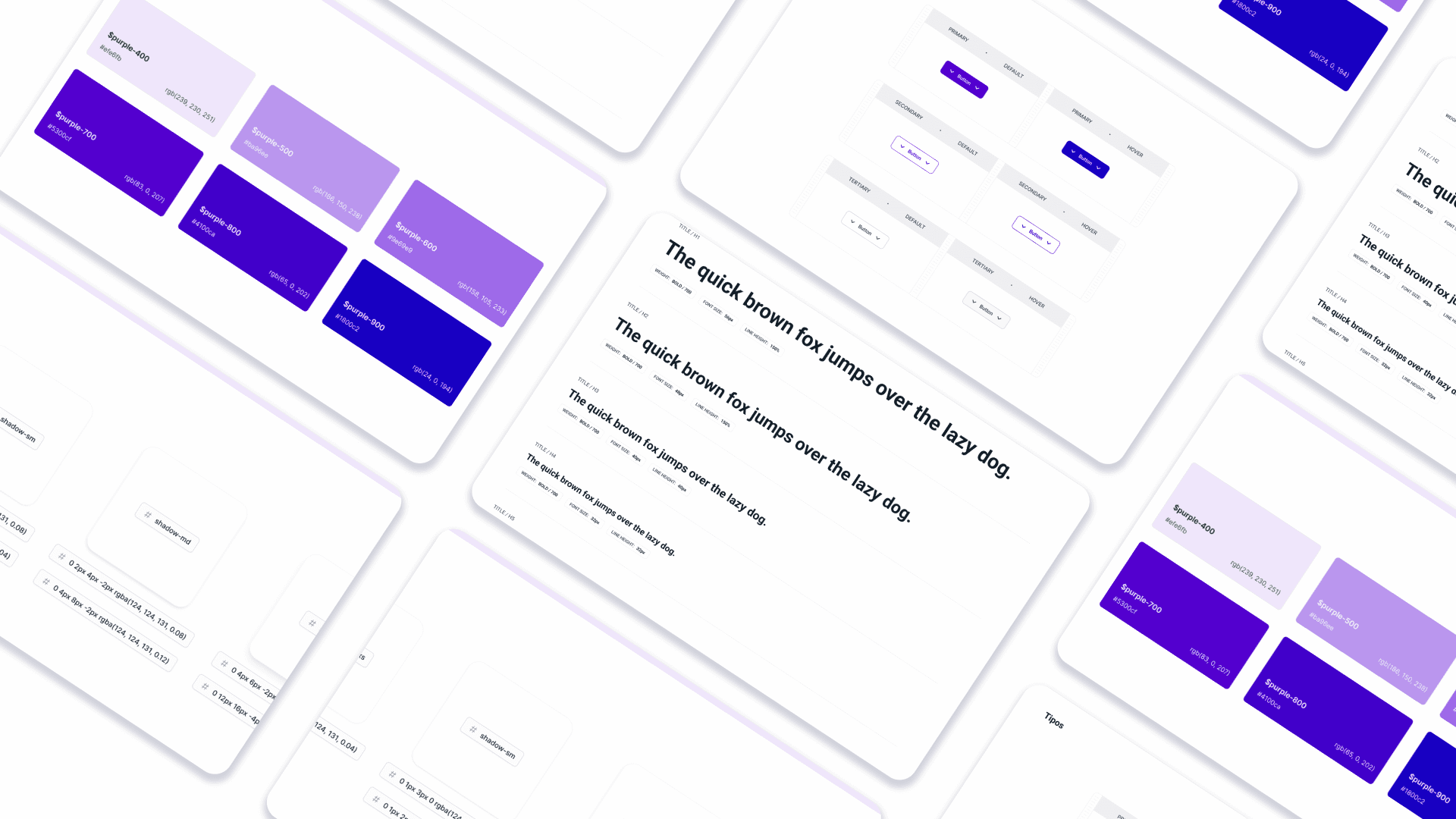 Painéis de cores, tipografia, sombras e componentes do design system